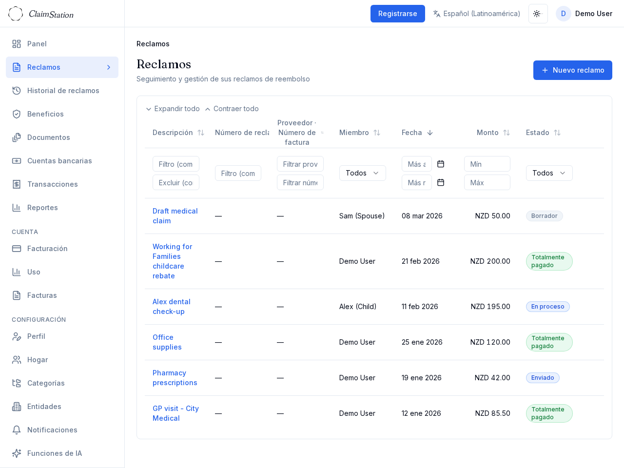 Lista de reclamos de ClaimStation